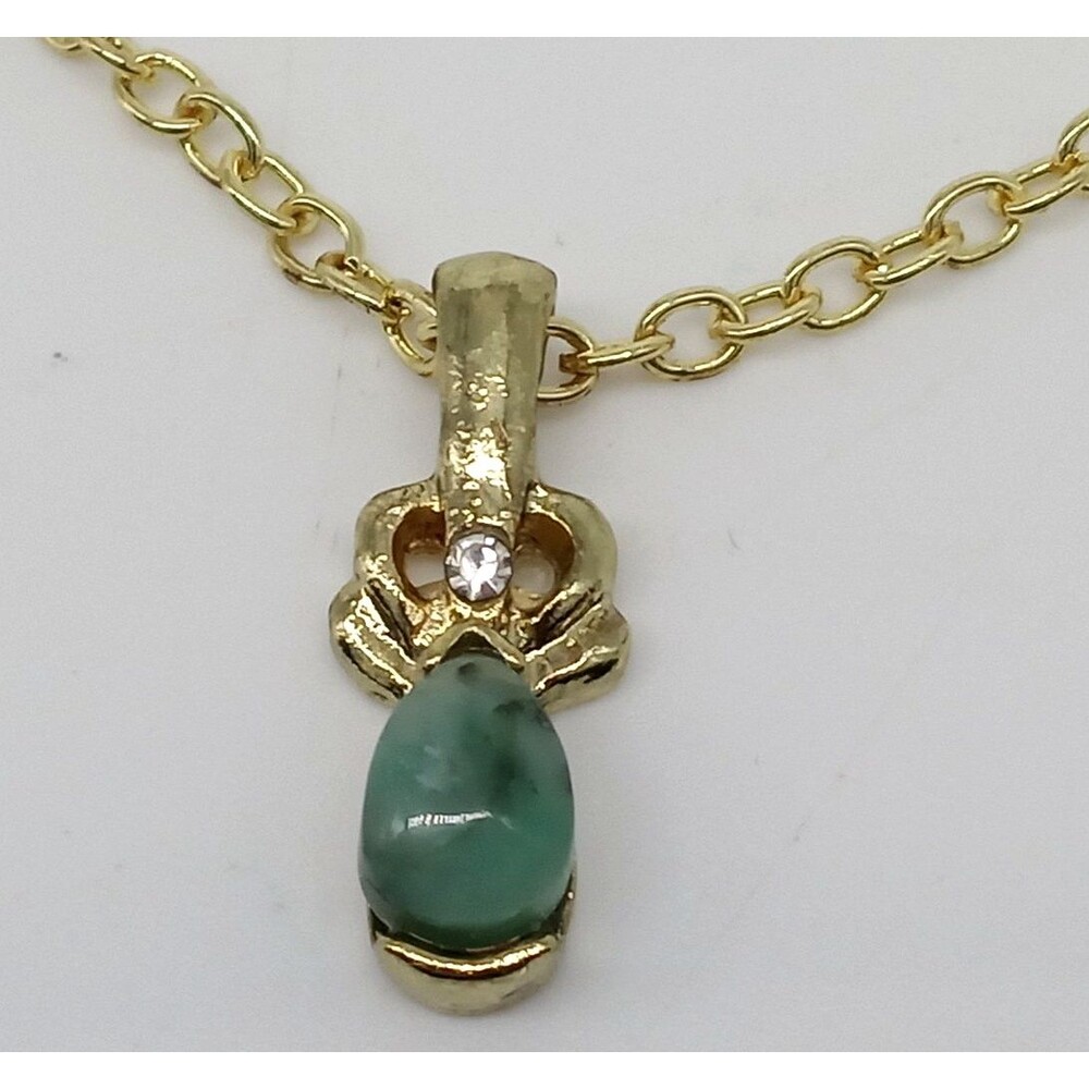 Faux Jade Green Oval Cabochon Gold Tone Pendant Chain Necklace Rhinestone Accent